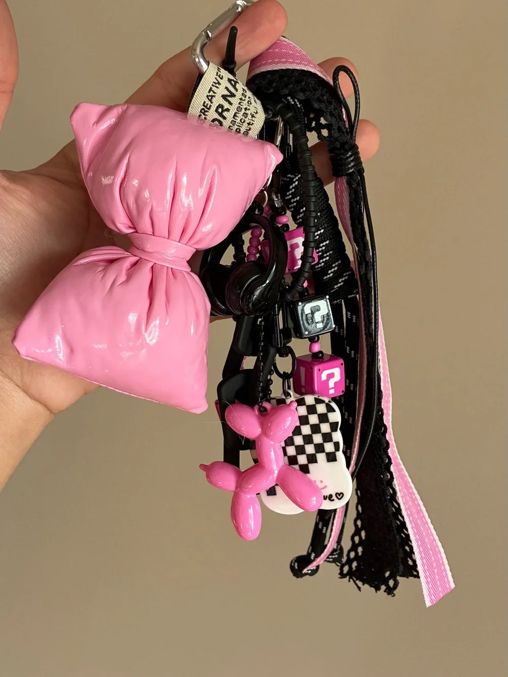 Pink Bow Keychain Bag Charm with Balloon And Tassels